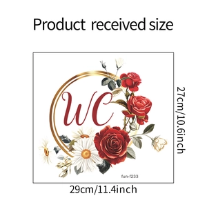 Floral WC sign wall sticker specifications with red roses and dimensions 29x27cm