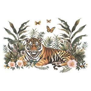 Sticker mural tigre avec feuilles tropicales et papillons pour décor de chambre