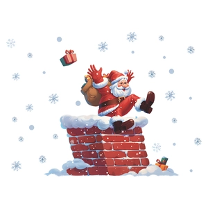 Sticker mural de Noël avec le Père Noël sur une cheminée et des flocons de neige bleus