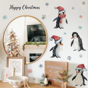 Christmas penguin wall decals with snowflakes and Happy Christmas text for home decor