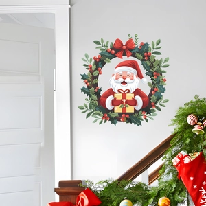 Sticker mural couronne de Noël avec Père Noël pour décoration festive du salon maison