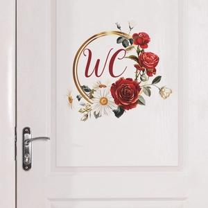 WC Toilet Door Sticker Rose Daisy Floral Wreath Gold Ring PVC Waterproof Decorative Wall Decal For Bathroom Home Decoration