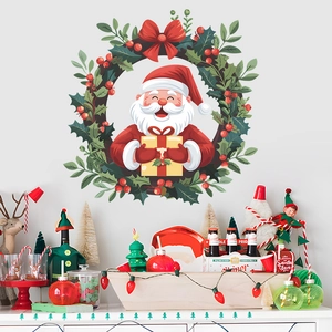 Sticker Mural Couronne Père Noël Dessin Animé PVC Décalcomanie Amovible Pour Salon Chambre Décoration De Noël Maison