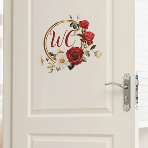 Floral WC door sticker featuring red roses, white daisies, and golden circle frame