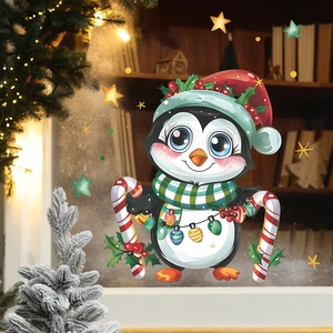 Christmas window sticker featuring a cute cartoon penguin with candy canes and stars