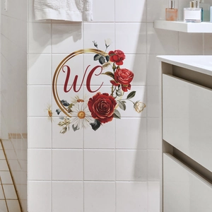 Floral WC wall sticker with red roses and gold ring on white tile bathroom wall decor