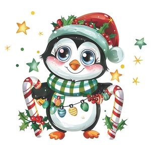 Christmas penguin window sticker with candy canes and colorful festive string lights