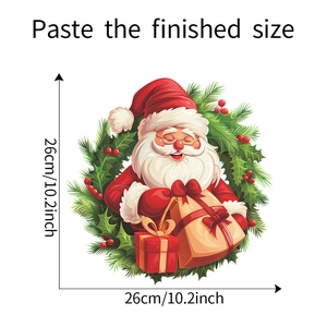 Detail of Christmas wall sticker showing Santa with wreath and gifts, size 26cm x 26cm