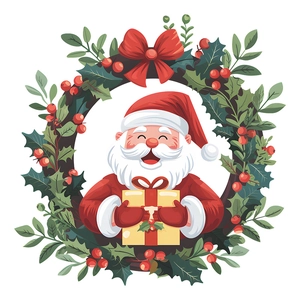Sticker mural couronne de Père Noël avec plantes vertes et cadeau pour décoration