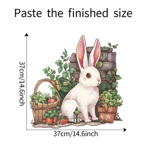 Détail d'un sticker mural lapin avec panier de légumes et dimensions de 37 cm affichées
