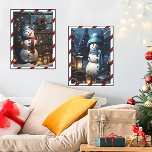 Cozy living room interior with Christmas snowman wall stickers and decorated tree