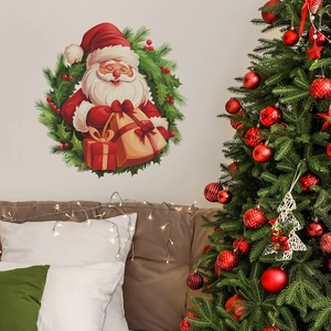 Cartoon Santa Claus Christmas wreath wall sticker for festive living room home decor
