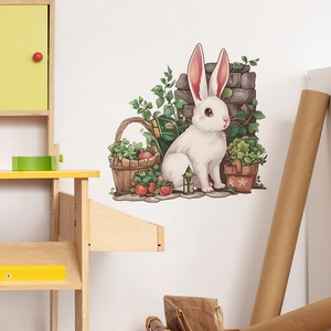 Sticker Mural Pastoral de Dessin Animé Lapin Panier de Légumes Décalcomanie Décorative en PVC pour Salon Chambre Décoration Maison