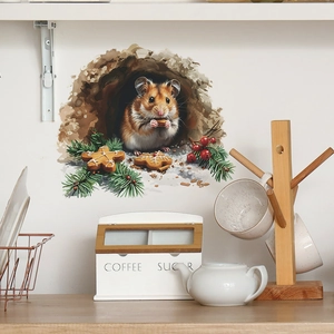 Christmas 3D Hamster In Hole Wall Sticker Cute Animal Eating Biscuit Decal For Home Kitchen Living Room Festive Decor