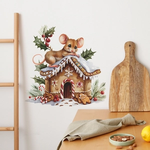 Christmas wall sticker with mouse and gingerbread house for festive bedroom decoration