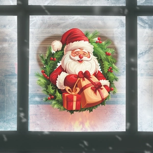 Christmas Santa Claus wall sticker with a green wreath and red gift bag for room decoration
