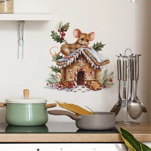 Christmas mouse and gingerbread house wall sticker for cozy kitchen or living room decor
