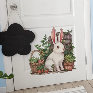 Sticker mural décoratif lapin blanc et panier de légumes pour porte intérieure