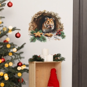 Christmas squirrel wall sticker with pine needles and cookies on a white wall