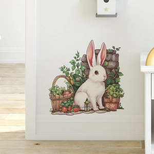 Détail de l'autocollant mural lapin de dessin animé avec panier pour décor de chambre