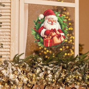 Cartoon Santa Claus in pine wreath wall sticker for festive bedroom or living room decor