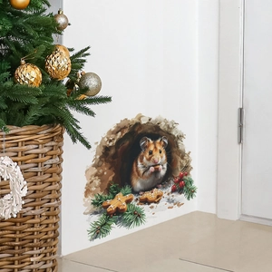 Detail of 3D Christmas wall sticker featuring a hamster eating a cookie in a hole