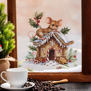 Christmas mouse and gingerbread house window sticker for festive home wall decoration