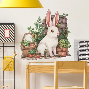 Sticker mural de lapin et panier de jardin style peint à la main pour décoration