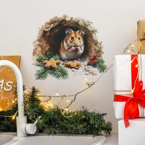 3D Christmas wall sticker featuring a cute squirrel with cookies in a cozy 3D hole design