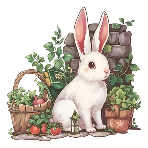Sticker mural lapin blanc avec panier de légumes pour une décoration de chambre pastorale