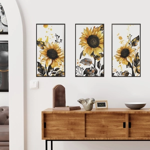 Three-piece sunflower wall art set with yellow blooms and black frames for home decor
