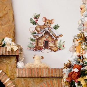 Christmas Gingerbread House Mouse Wall Sticker PVC Cartoon Animal Decal For Bedroom Living Room Festive Holiday Home Decor Art