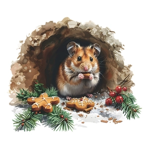 Winter festive wall sticker featuring a cute squirrel with pine branches and gingerbread