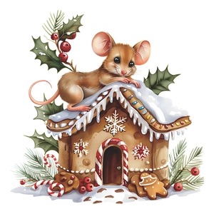 Christmas gingerbread house wall sticker with cute mouse and winter pine needle decor
