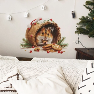 Dettaglio di adesivo murale 3D scoiattolo di Natale con biscotti su parete da letto