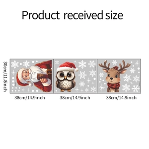 Trois planches de stickers de Noël pour fenêtres avec Père Noël, hibou, cerf et flocons