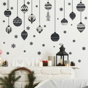 Stickers Muraux de Noël Rétro Boules et Flocons de Neige en PVC Noir Ornements Suspendus pour Salon Chambre Décoration
