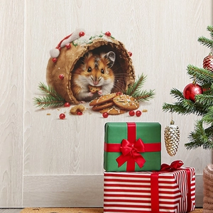 Adesivo murale natalizio 3D con scoiattolo carino, pan di zenzero e bacche festive