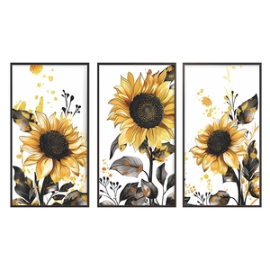 Modern three-piece sunflower wall art set with yellow petals and black frames