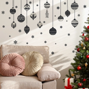 Stickers muraux Noël noirs modernes avec boules suspendues vintage et flocons de neige