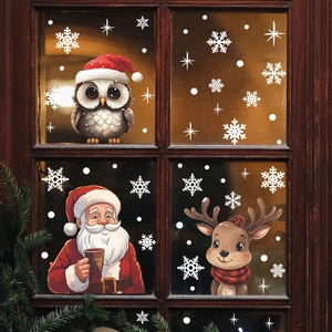 Stickers de Fenêtre Noël Père Noël Renne Hibou Flocons de Neige PVC Décalcomanies en Verre pour Décoration de Fête