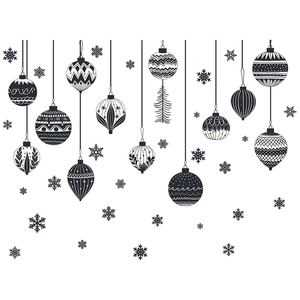 Stickers muraux de Noël noir et blanc avec boules suspendues et motifs flocons de neige