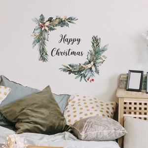 Happy Christmas wall stickers with evergreen wreaths and red berries for home decor