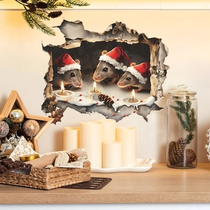 3D Mausloch Wandtattoo Weihnachtsmütze Maus Kerze Muster PVC Abnehmbare Wasserdichte Aufkleber Für Schlafzimmer Deko