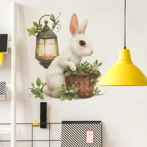 Cartoon rabbit wall sticker with vintage green lantern and potted leaves for home decor