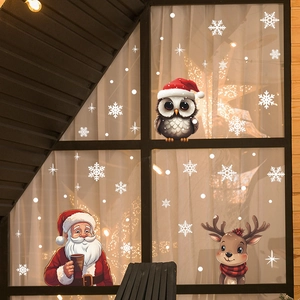 Stickers de Noël pour fenêtres avec Père Noël, hibou, renne et flocons de neige blancs
