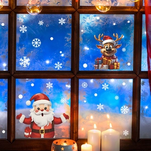 Cartoon Santa Claus and reindeer window stickers set with snowflakes for Christmas decor