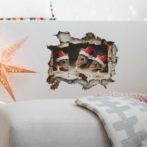 3D-Weihnachtswandaufkleber mit süßen Mäusen, Weihnachtsmützen und Kerzen auf weißer Wand