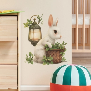 Cartoon Rabbit Green Leaves Vintage Lamp Wall Sticker PVC Removable Decorative Mural For Kids Room Bedroom Home Decor