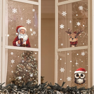 Stickers de Noël pour fenêtres avec Père Noël, renne et hiboux sur verre avec des flocons
